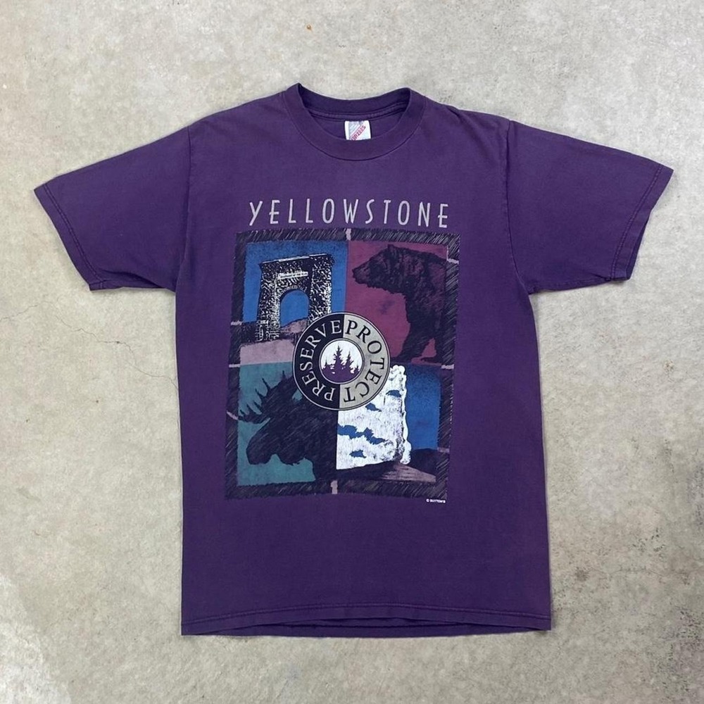 Vintage 90s Yellowstone National Park Shirt Size Medium Purple Outdoor Hiking